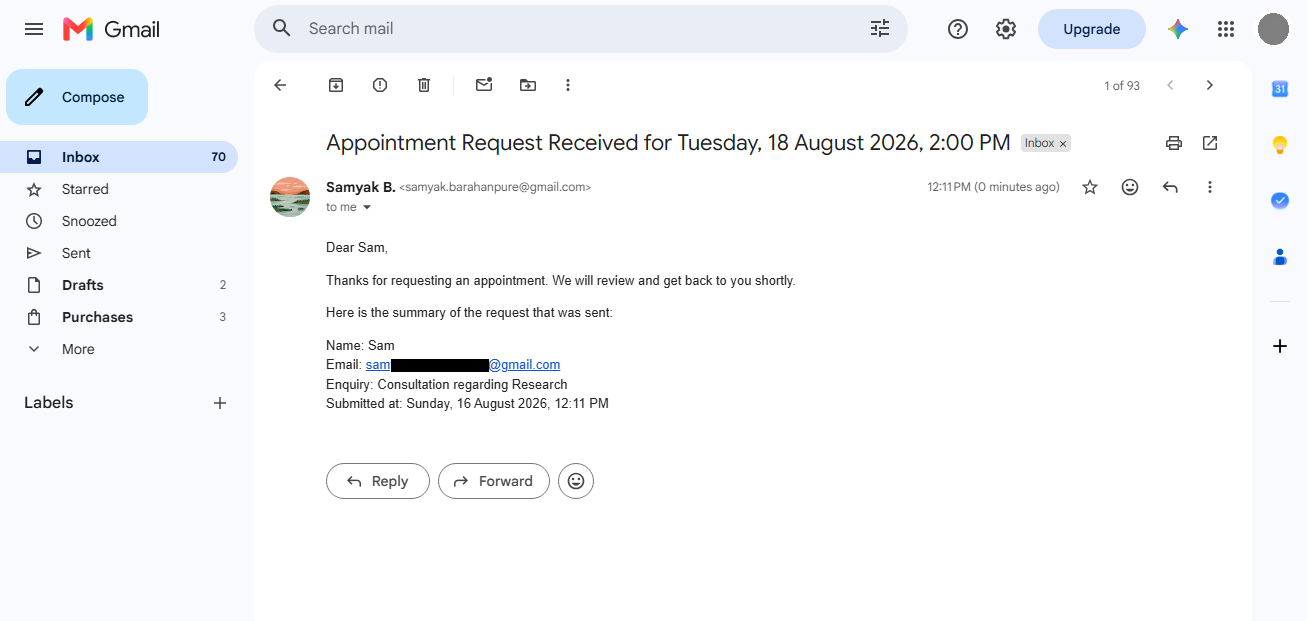 Appointment request received email