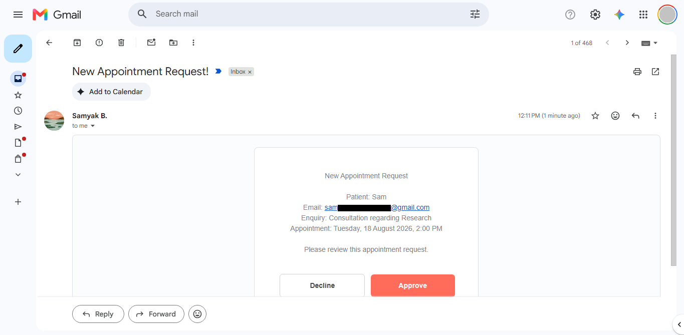 Appointment approval email with approve and decline actions