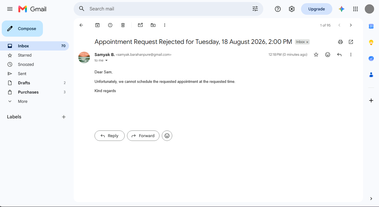 Appointment rejection email